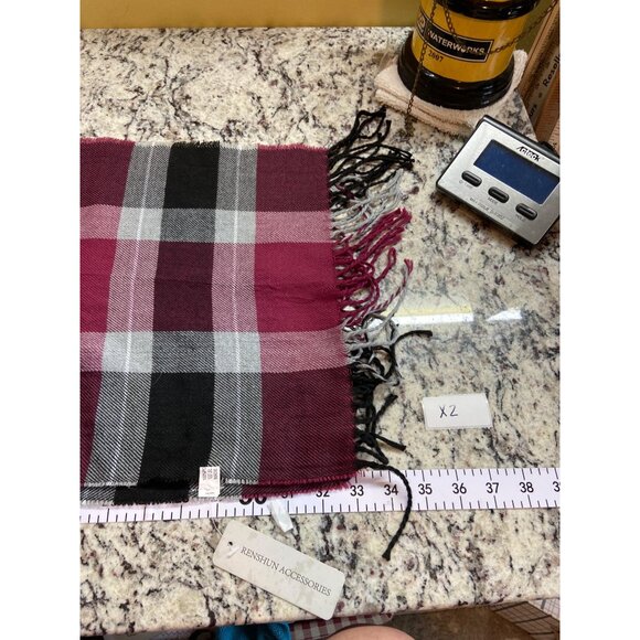 Burgundy Plaid Scarf 68"x13"  Fringe Wrap Grunge Dark Academia Preppy Style - Picture 5 of 7